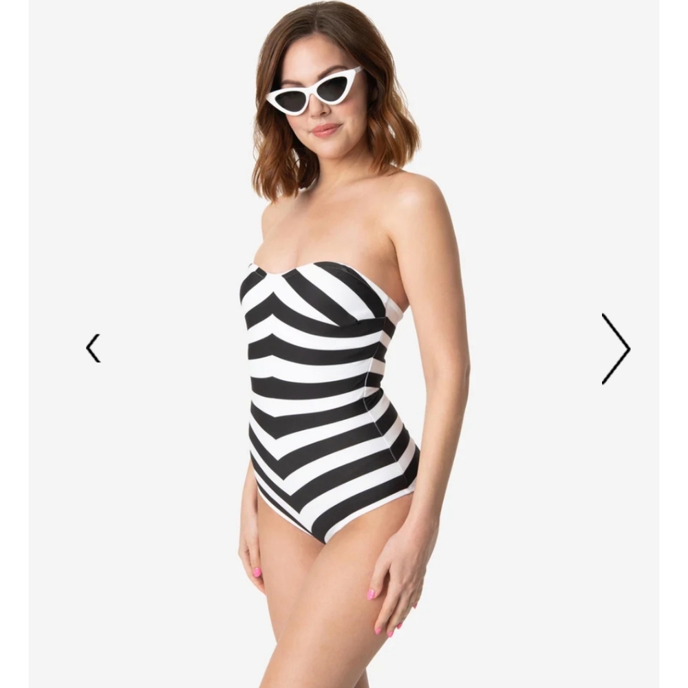 NWT vintage BARBIE black white striped strapless one piece swimsuit